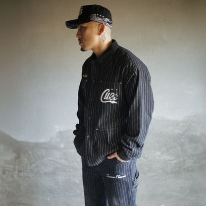 Pinstripe Twill Denim Jacket - [BLACK]
