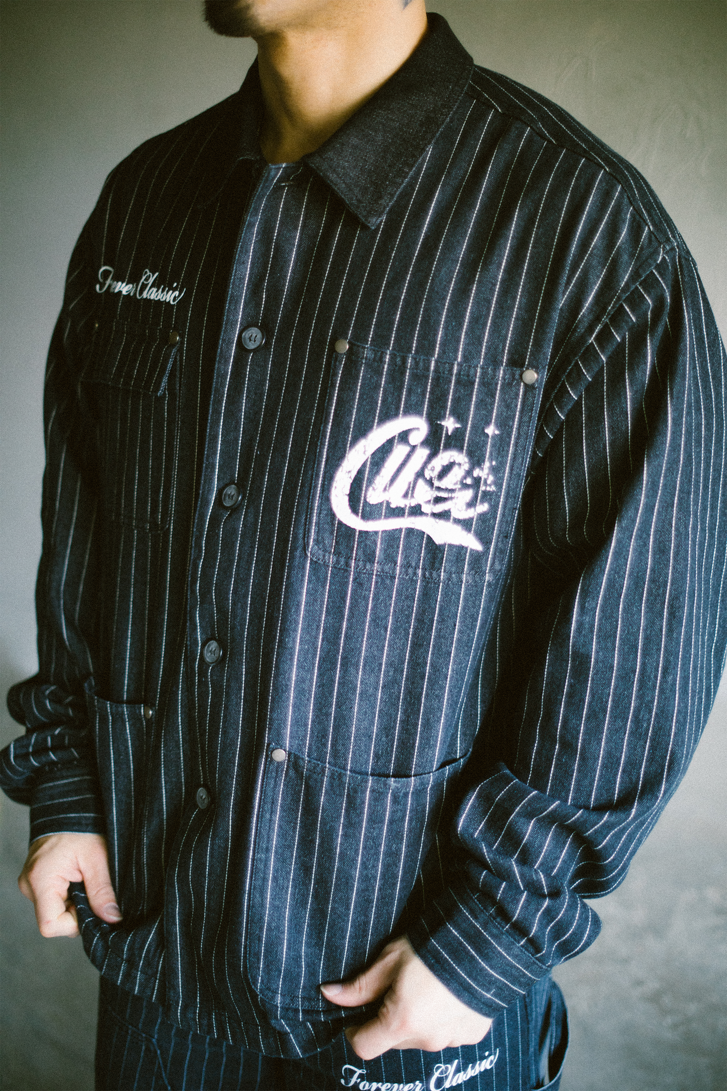 Pinstripe Twill Denim Jacket - [BLACK]
