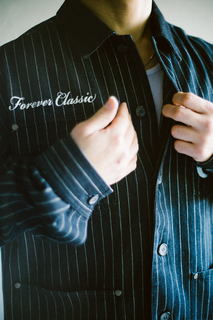 Pinstripe Twill Denim Jacket - [BLACK]
