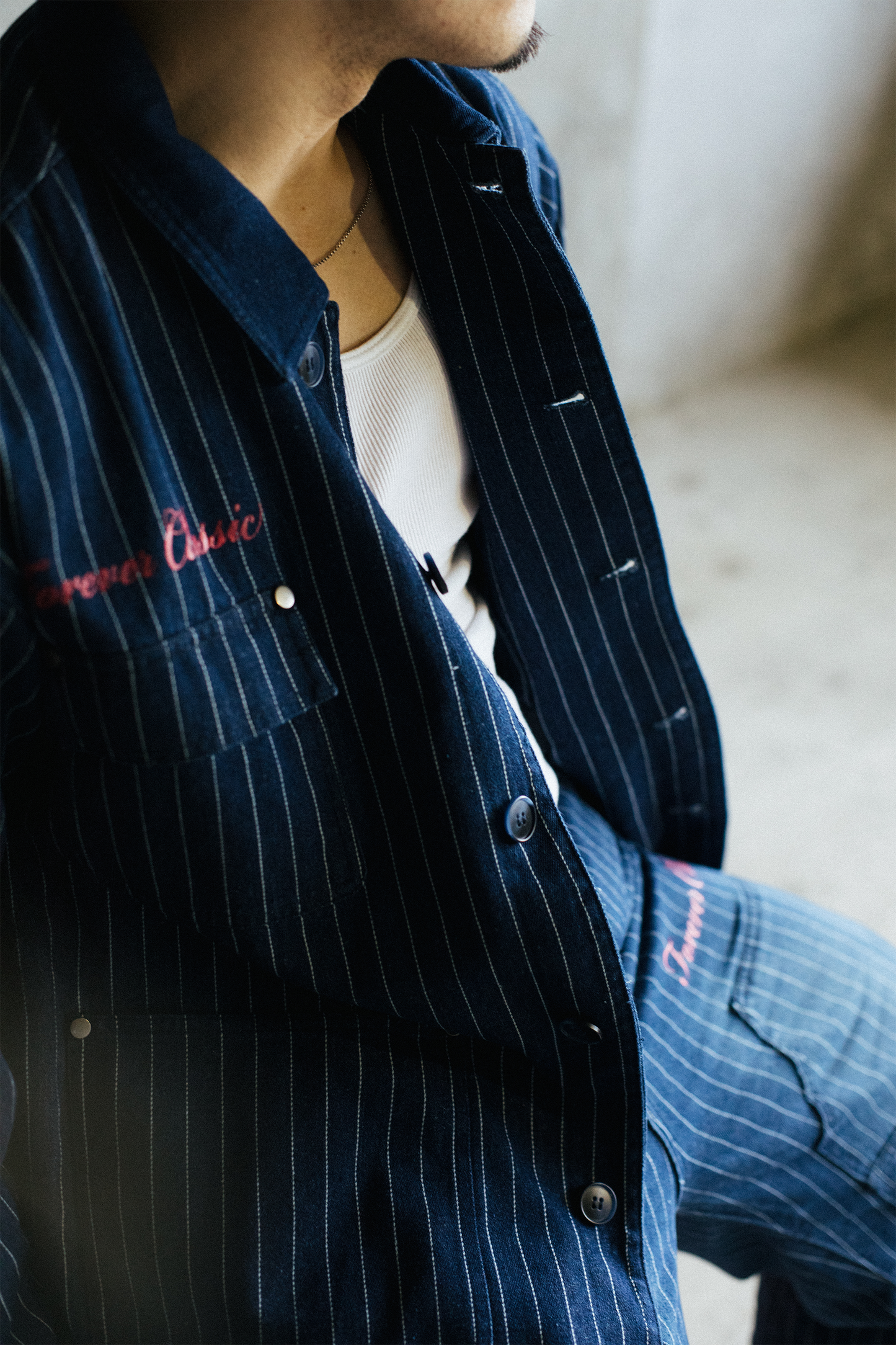 Pinstripe Twill Denim Jacket - [BLUE]