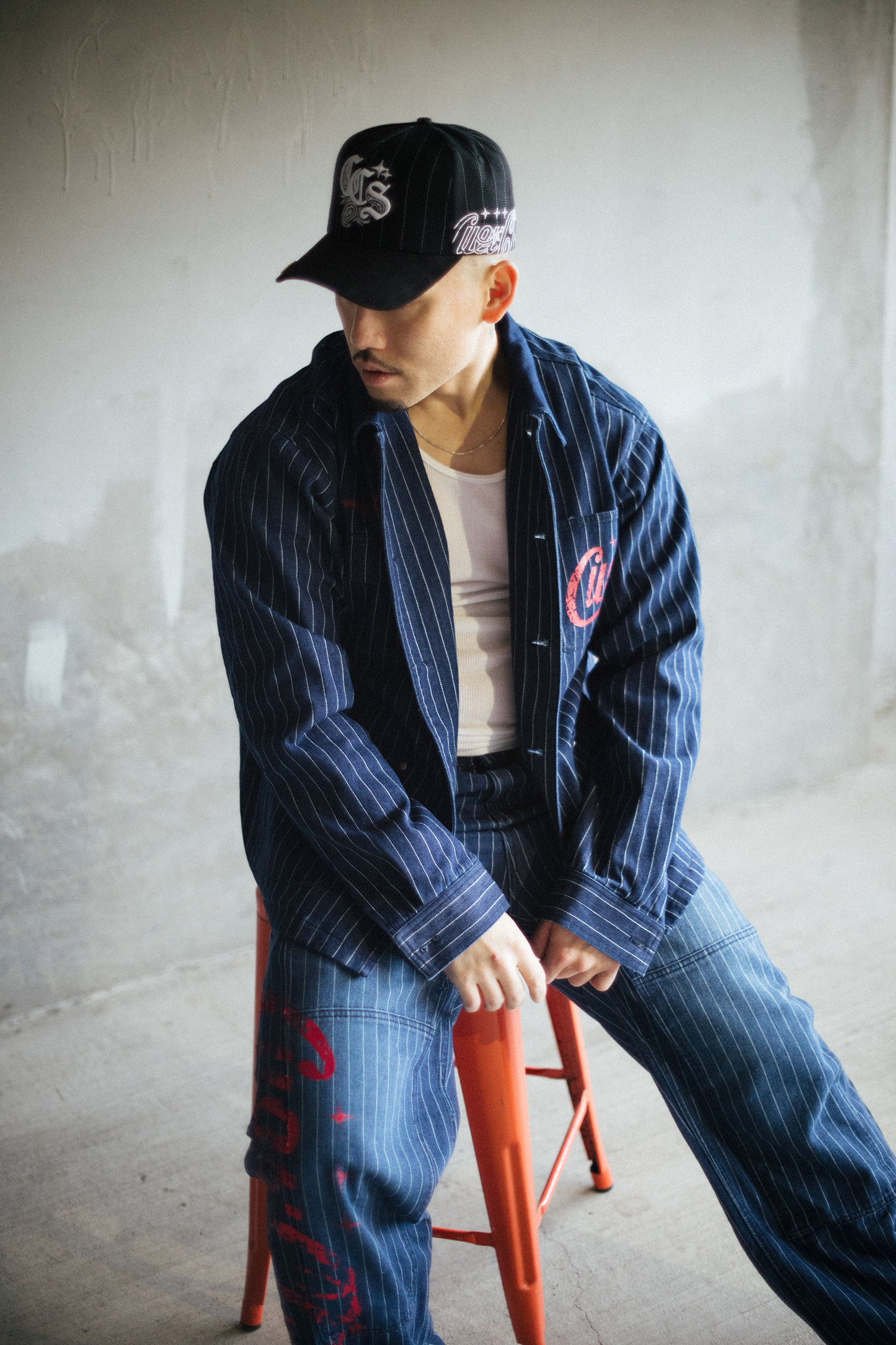 Pinstripe Twill Denim Jacket - [BLUE]