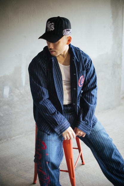 Pinstripe Twill Denim Jacket - [BLUE]